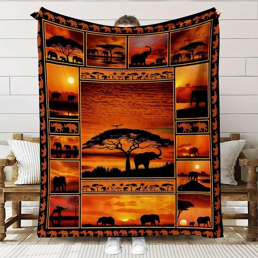 African Sunset Elephant Print Blanket - Suitable for All Seasons, Perfect for Sofa, As Well As for Covering The Living Room