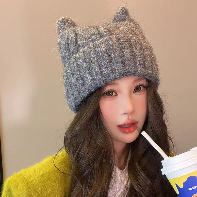 Cartoon Knitted Hat for Women Korean Style Solid Color Fashionable Versatile Wool Hat Outdoor Windproof and Warm Pull Out Hat for Men