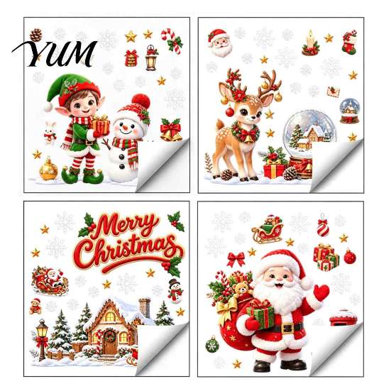 Outdoor Festive Glass Decorations Christmas Window Cling, PVC Waterproof Santa Claus/ Elf Snowman/Elk/House Stickers, Reusable Seasonal Home Ornaments