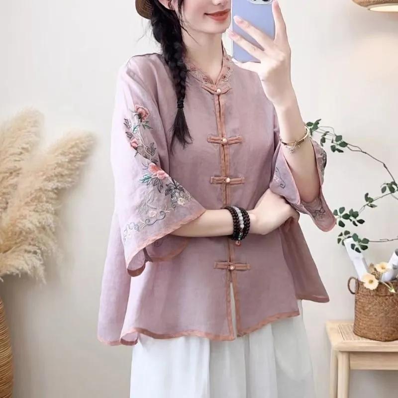 Top da Donna Estivo Retro Nuovo Stile Cinese Cotone e Lino a Contrasto Ricamato con Maniche a Trombetta Stile Etnico, Cardigan Largo e Modellante