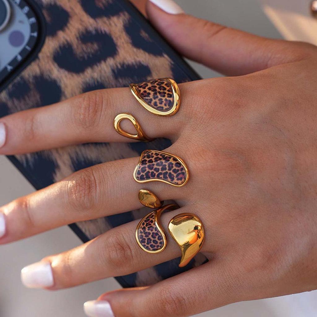 European & American Autumn/Winter Yellow Leopard Print Metal Ring Jewelry with Irregular Hollow Fashion Design