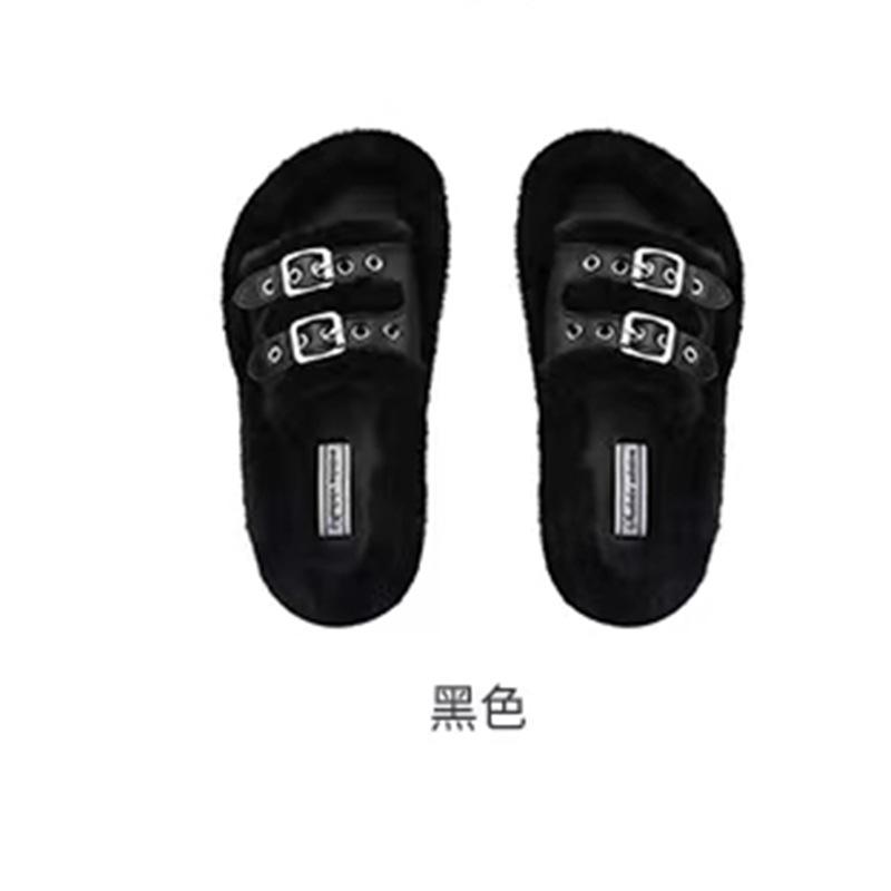 Doppelreihe ein Wort mit quadratischer Schnalle haarige äußere Hausschuhe 2025 neu dicker Boden Größe Größe Größe 313233 Baumwollschlepp Frauen Winter