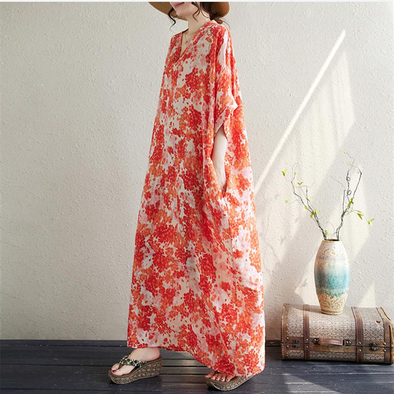 Krótki rękaw Plus rozmiar bawełniana, vintage, w kwiaty, nowość w sukienkach dla kobiet, luźna, długa, letnia sukienka Maxi