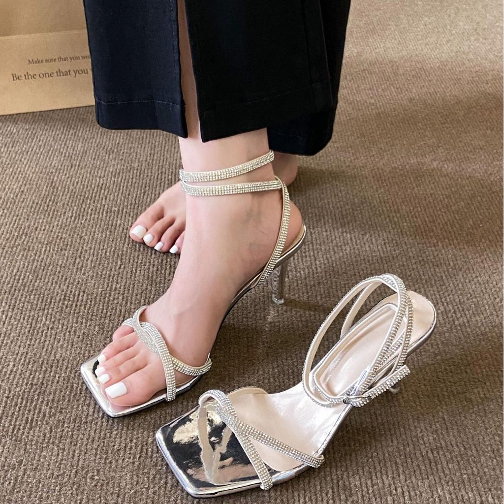 Exquisite Girl~ with Skirt Fashion Sandals Girl 2025 New French One-word Strap Square Head Stiletto High Heels