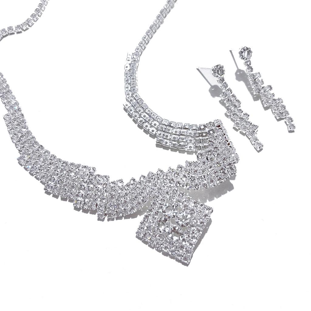 Rhombus Bridal Jewelry Set High-end Crystal Diamond Necklace Earrings Two-piece Set Creative New Jewelry Women