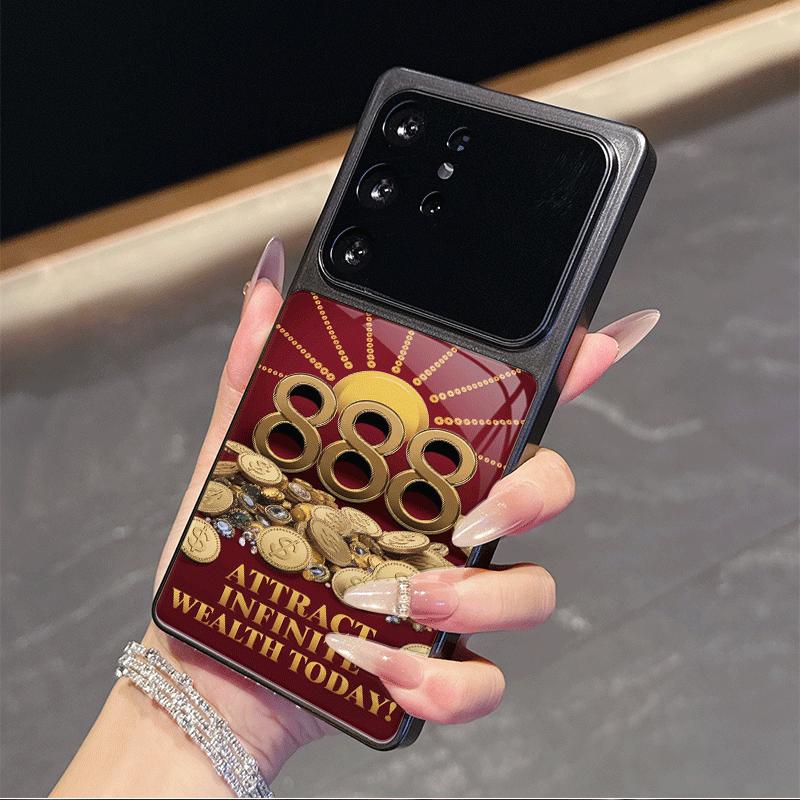 Stylish Wealth 888 Explosion Golden Pattern Orange Glass Phone Case for Samsung Galaxy S26 S25 Ultra S24 S23Plus S22 S21FE Cover