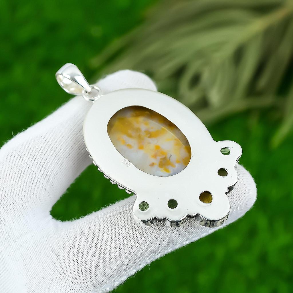 Natural Polka Dot Agate Gemstone Pendant Yellow 925 Sterling Silver Jewelry