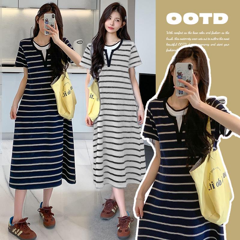 Plus Size Striped Maternity Summer Dress with Round Neck - 2026 Edition XL