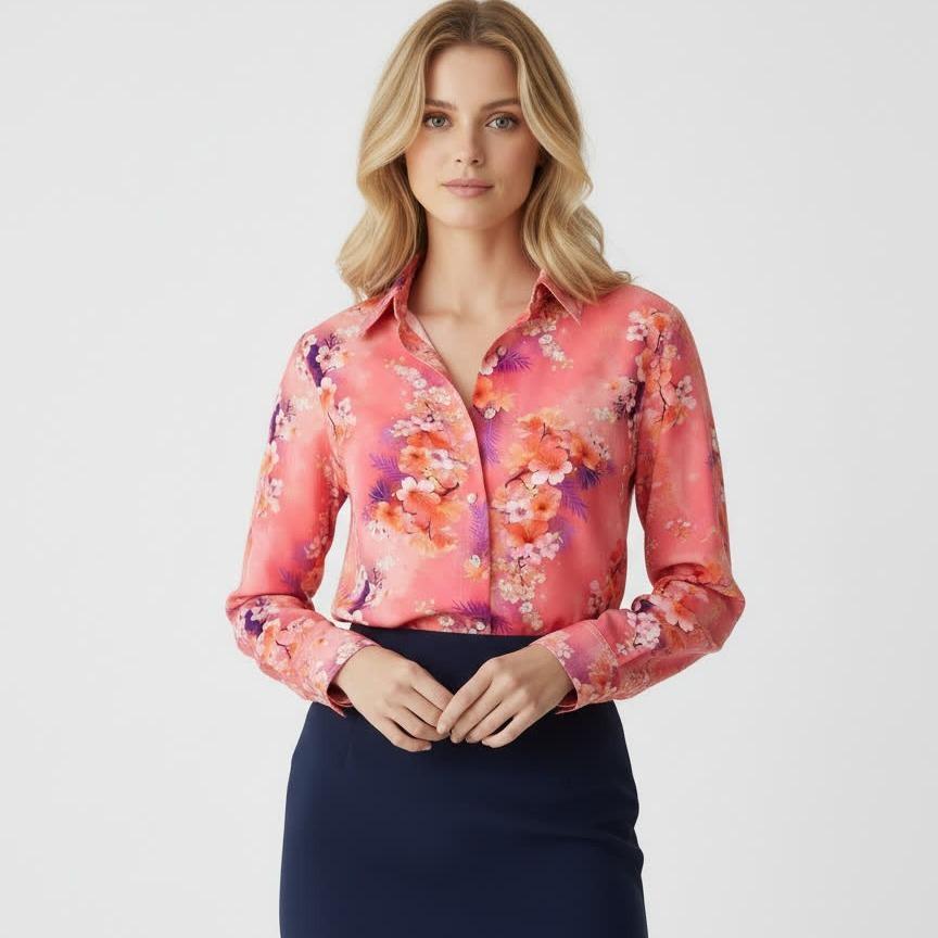 2026 Women s Floral Print Long Sleeve Lapel Shirt for Spring and Autumn – Loose, Slimming Fit XL
