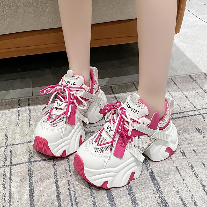 Fashion Women Platform Breathable Leather Shoes New Autumn Chunky Sneakers 7CM Wedge Hidden Heels Leisure Sports Casual Dad Shoes Woman