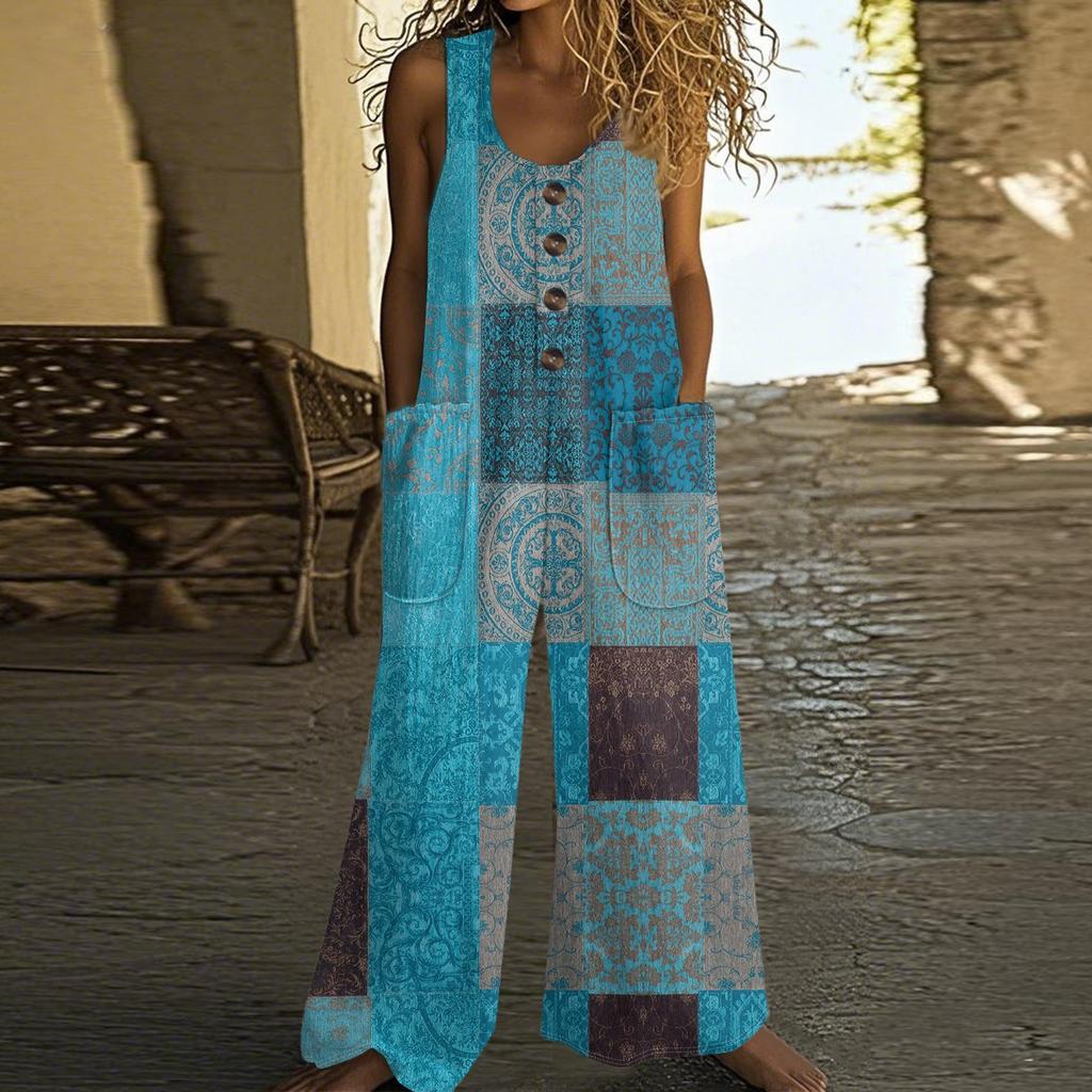 Women's Fashion Casual Button-down Sleeved Jumpsuit Retro Color Block Stitching Printed Cotton Pocket Jumpsuit
