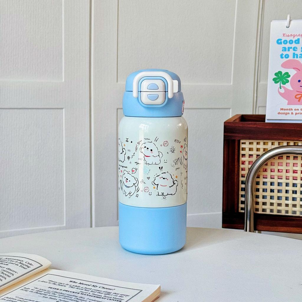 Niedliche Welpen Kinder Thermosbecher 316 Edelstahl Student Doppeltrink-Strohhalmbecher Verdickt Tragbar Tragbar Springbecher