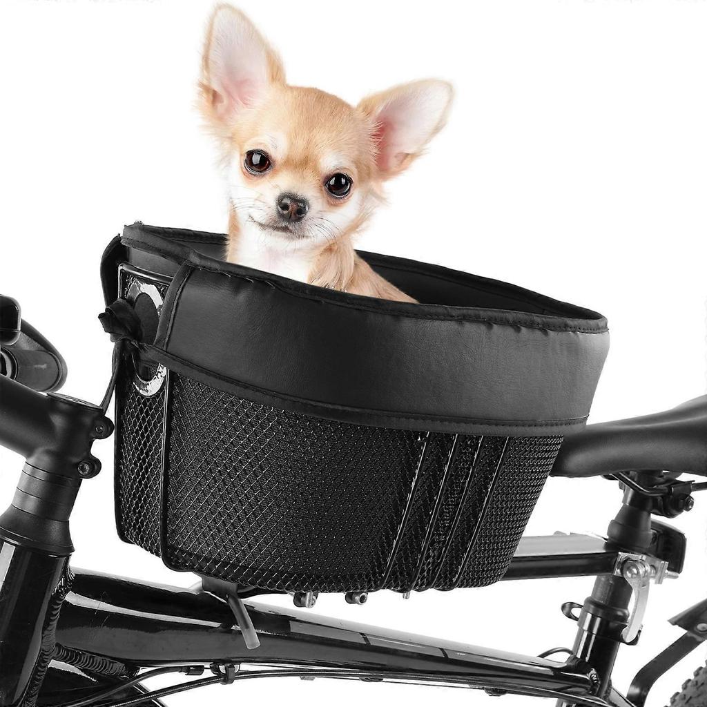 Dog Bike Basket Mountain Bike Shopping Basket Portable Cat and Dog Carrier for Bike Front Crossbar with Sponge Liner Safety Strap (Black)