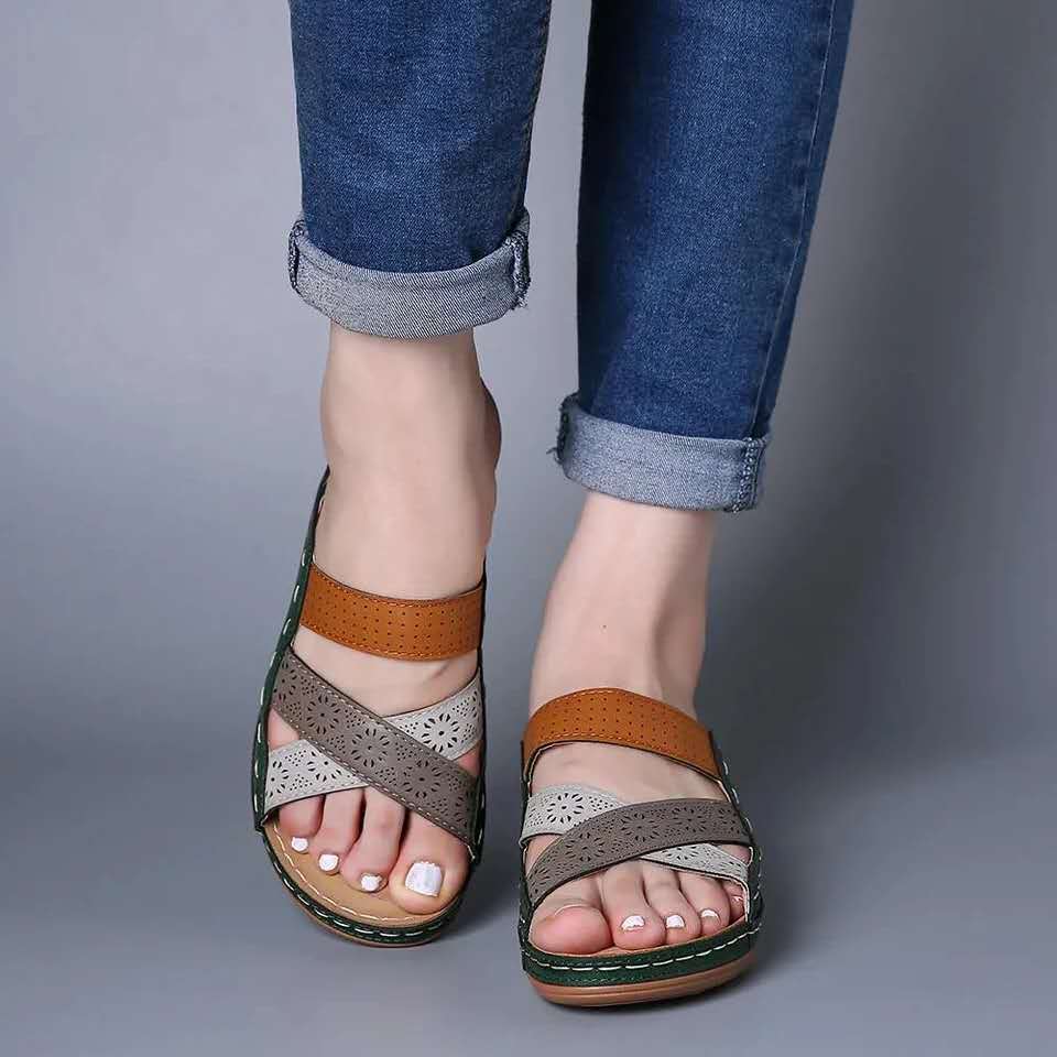Summer new thick-soled color matching fish mouth wedge heel sandals, hollow carved women's shoes