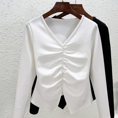 Spring and Autumn Women's Blouse V-neck Underwear Bottoming Shirt Pleated Long-sleeved Tops