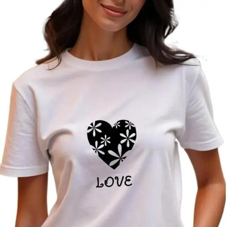 Floral Cartoon Print Women's Tee Crew Neck Short Sleeve Casual Top Women Korean Style Tee Cuteness Funny Pattern Print Loose Tee