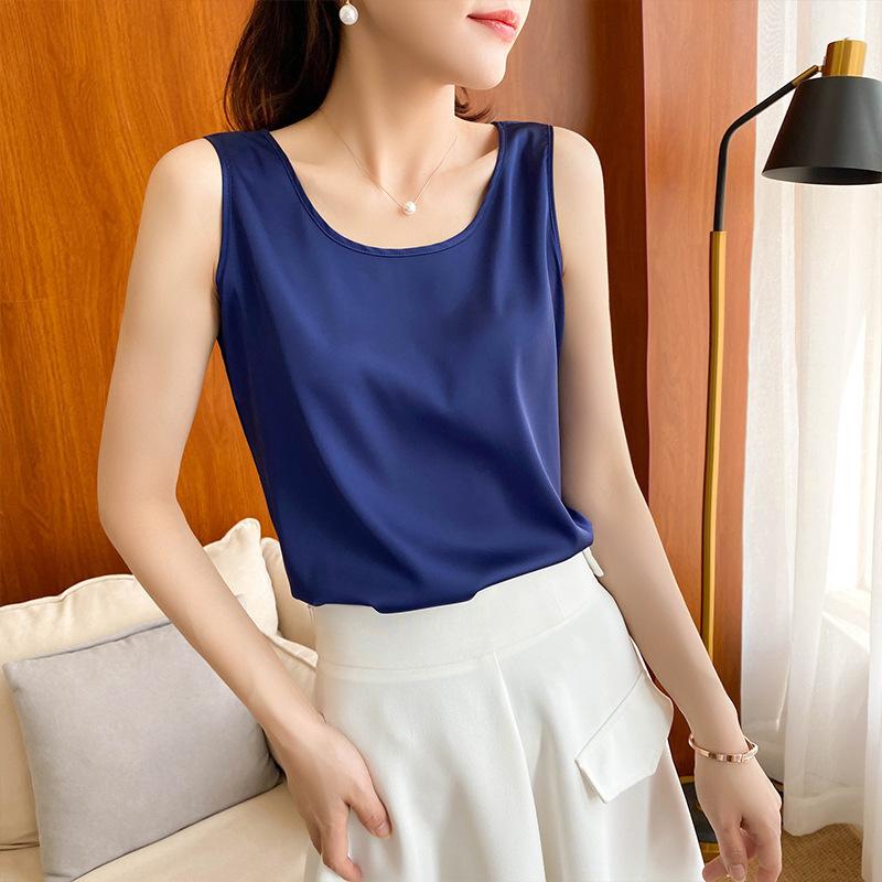 VEZFAA Women's Fashion Solid Color Print Casual Summer Spring Sleeveless U-Neck Blouses & Shirts