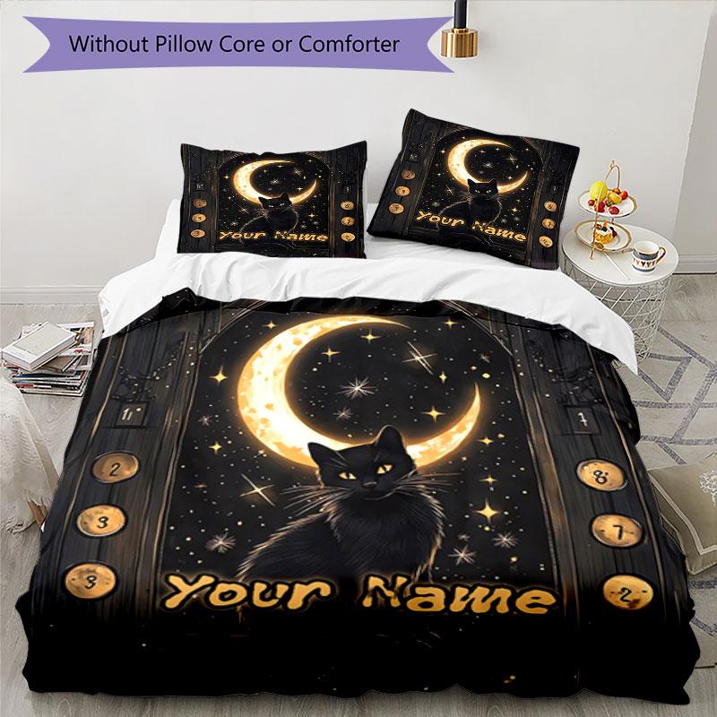 3PC Custom Name Moonlit Cat Journey Bedding Set Duvet Cover Closure Includes 1 Duvet Cover & 2 Pillowcases for Bedroom