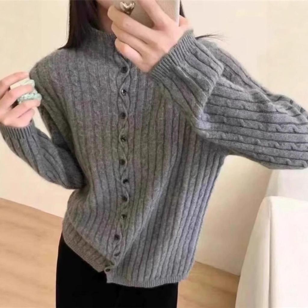 100% Pure Wool Women's High Neck Button-Up Cardigan - Autumn/Winter Sweater Coat