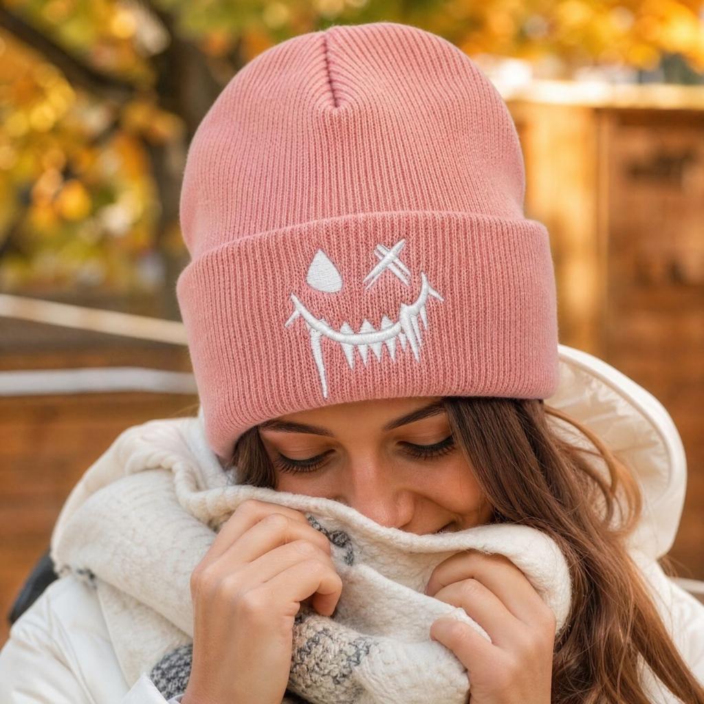 Halloween Embroidered Pumpkin Knit - Funny Novelty Winter Hat for Men and Women