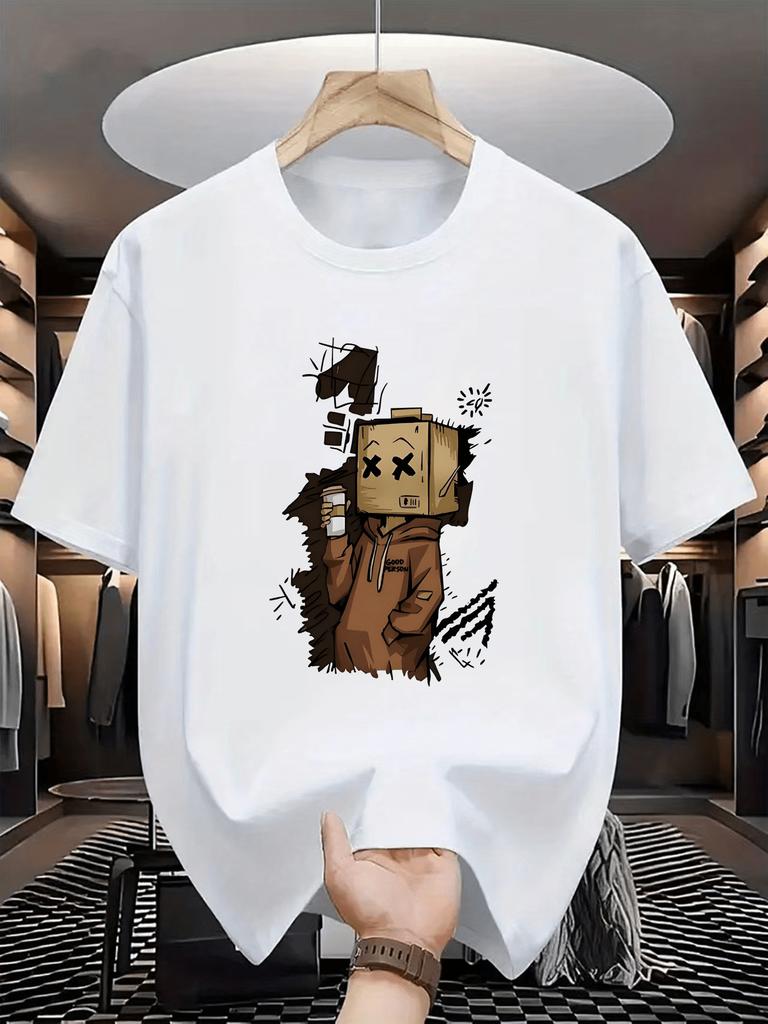 Summer Unisexs 100 pure cotton casual fashion cartoon cardboard box print loose sports round neck short sleeved Tshirt