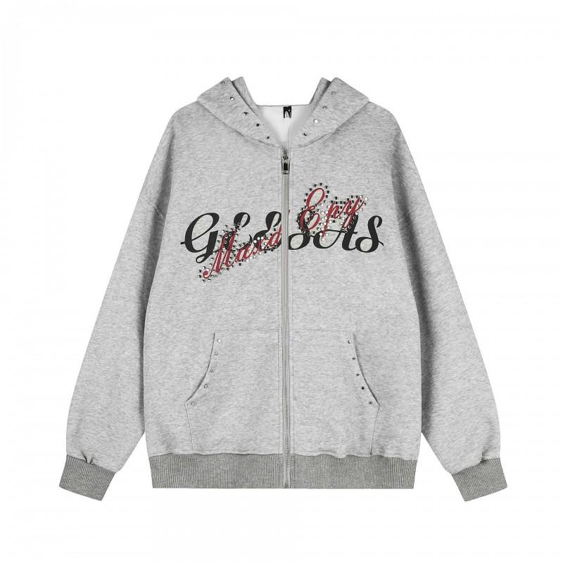American Vintage Washed Hooded Zip Sweatshirt Men Women Studded Letter Graphic Loose Fit Casual Streetwear