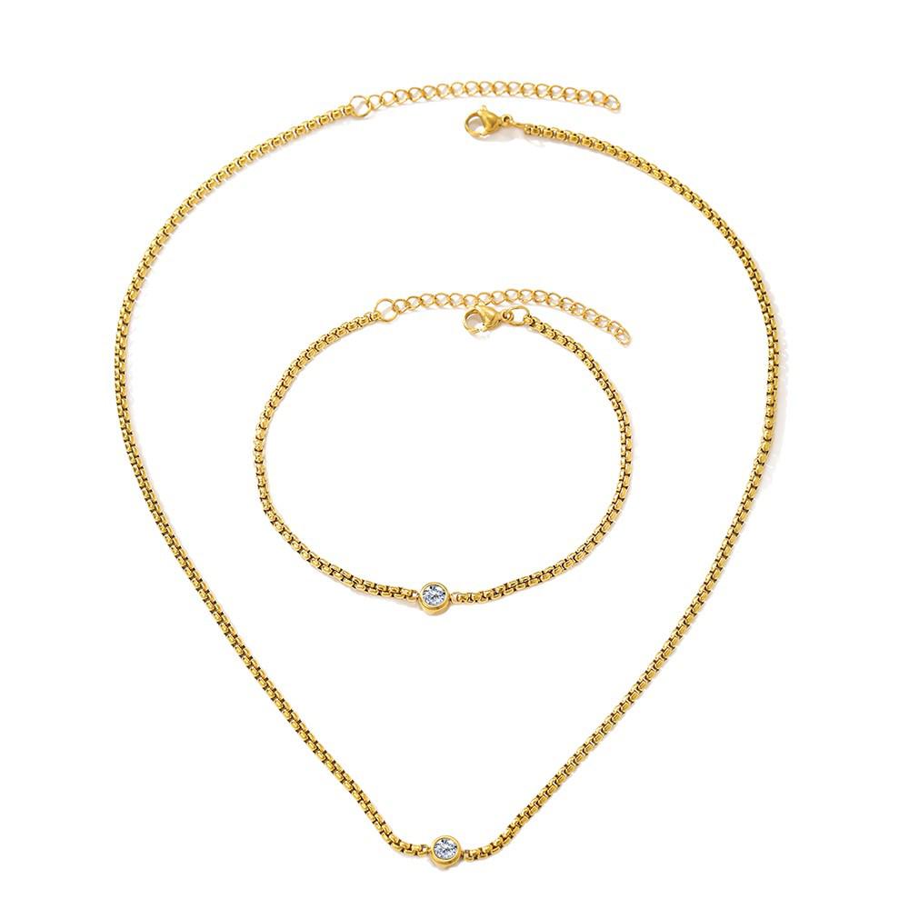 Women’s Gold-Plated Stainless Steel Bracelet & Necklace Set with Cubic Zirconia