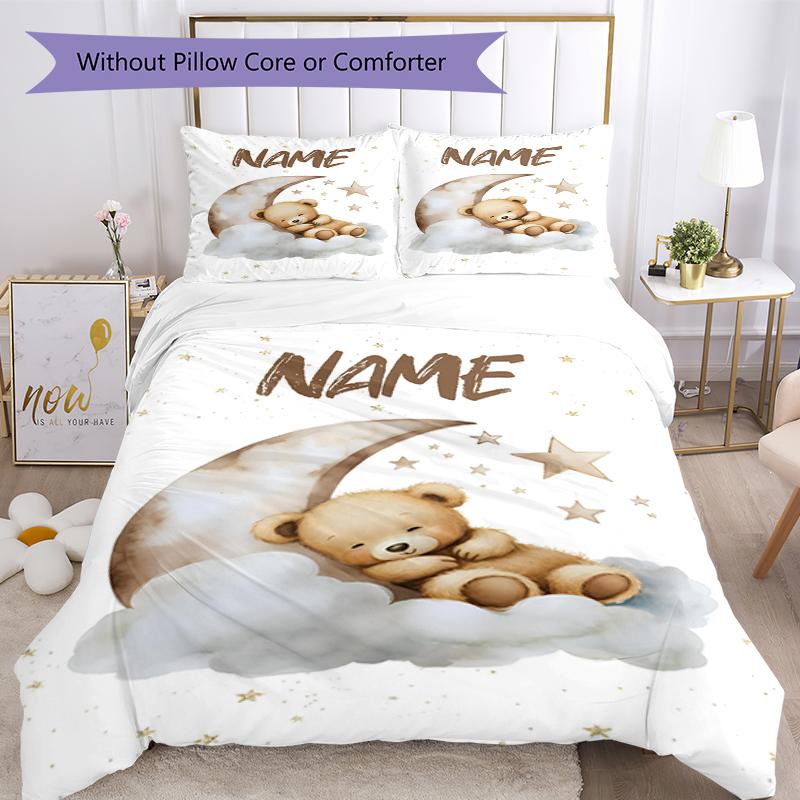 Conjunto de Roupa de Cama com Urso e Nome Personalizado 3 Peças Capa de Edredom com Fecho Inclui 1 Capa de Edredom e 2 Fronhas, Macio e Confortável para Todas as Estações.