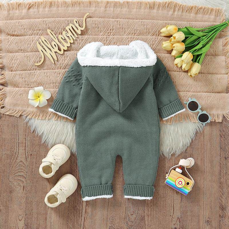 Infant and Toddler Solid Color Fleece-Lined Hooded Knitted Long-Sleeved Romper Jumpsuit