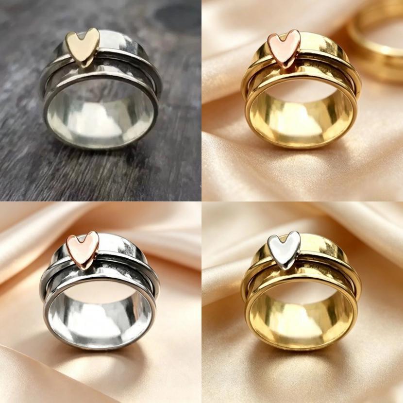 Bohemian Heart Shaped Ring With Rotating Pendant Retro Alloy Stylish Jewelry For Women And Men