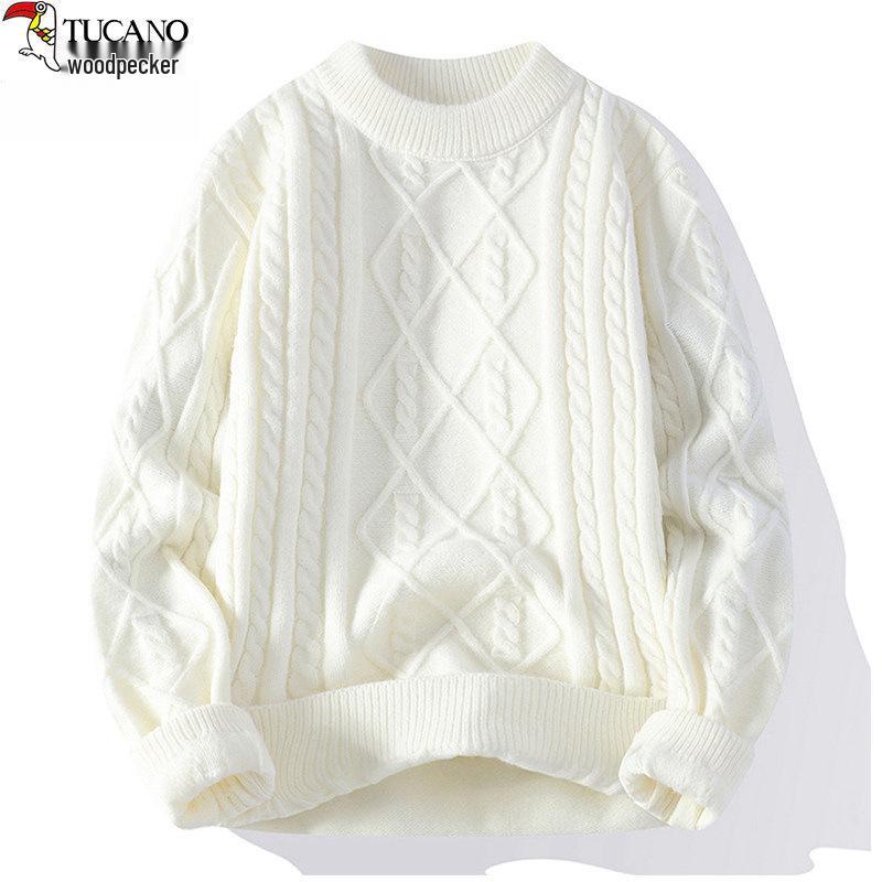 

Woodpecker Men s Plus Size White Cable Knit Sweater - Round Neck, Autumn/Winter 2025 Collection M (90-110 lbs) білий