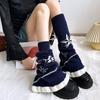Japanese Harajuku Stretchy Knitted Leg Warmers with Star Pattern for Women Drawstring Ruffle Flared Boot Cuffs Covers