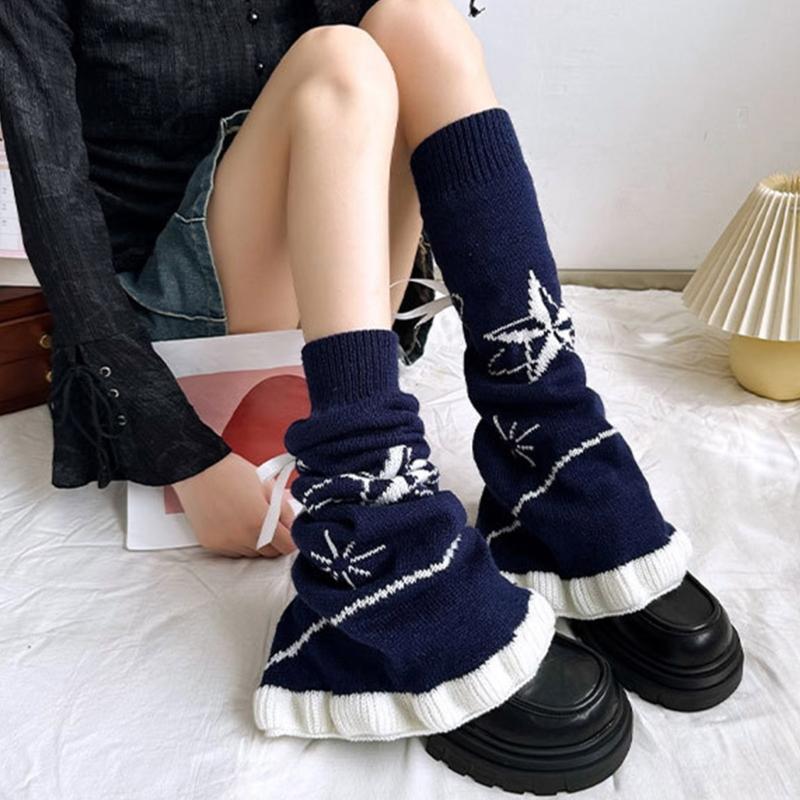 Japanese Harajuku Stretchy Knitted Leg Warmers with Star Pattern for Women Drawstring Ruffle Flared Boot Cuffs Covers