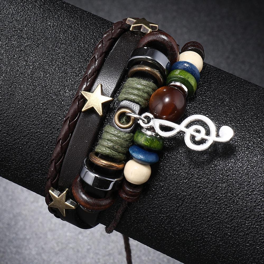 New Fashion Alloy Leather Braided Bracelet Male and Female Temperament Everything Beaded Leather Music Symbol Pendant Hand