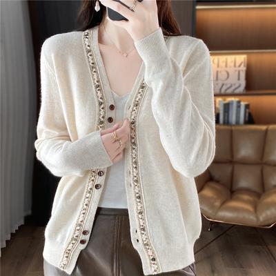 Handmade Beaded Heavy Industry Design Wool Cardigan Autumn And Winter New Small Fragrant Loose Knitted Wool Sweater Jacket