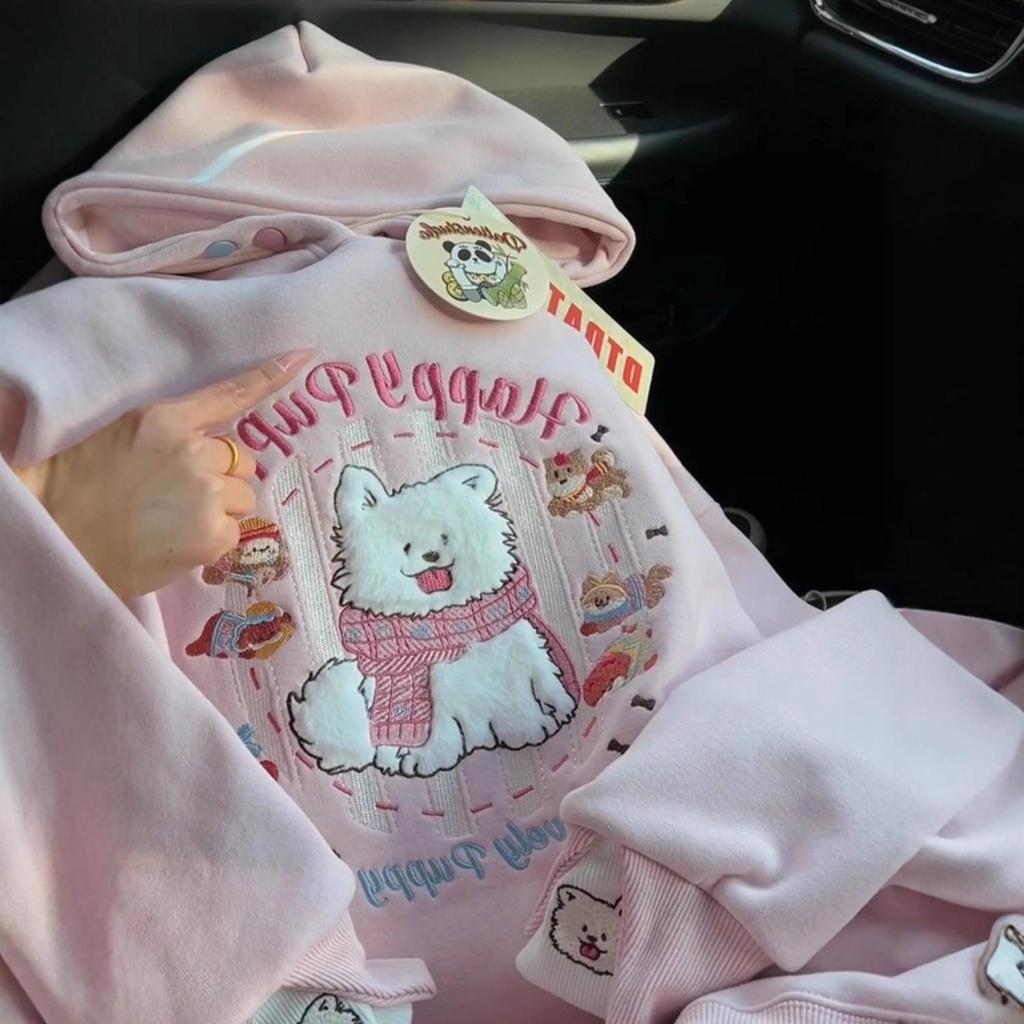 Unisex Niedliches Cartoon Besticktes Rosa Kapuzensweatshirt - Lockere Passform, Mit Plüsch, Herbst/Winter Stil