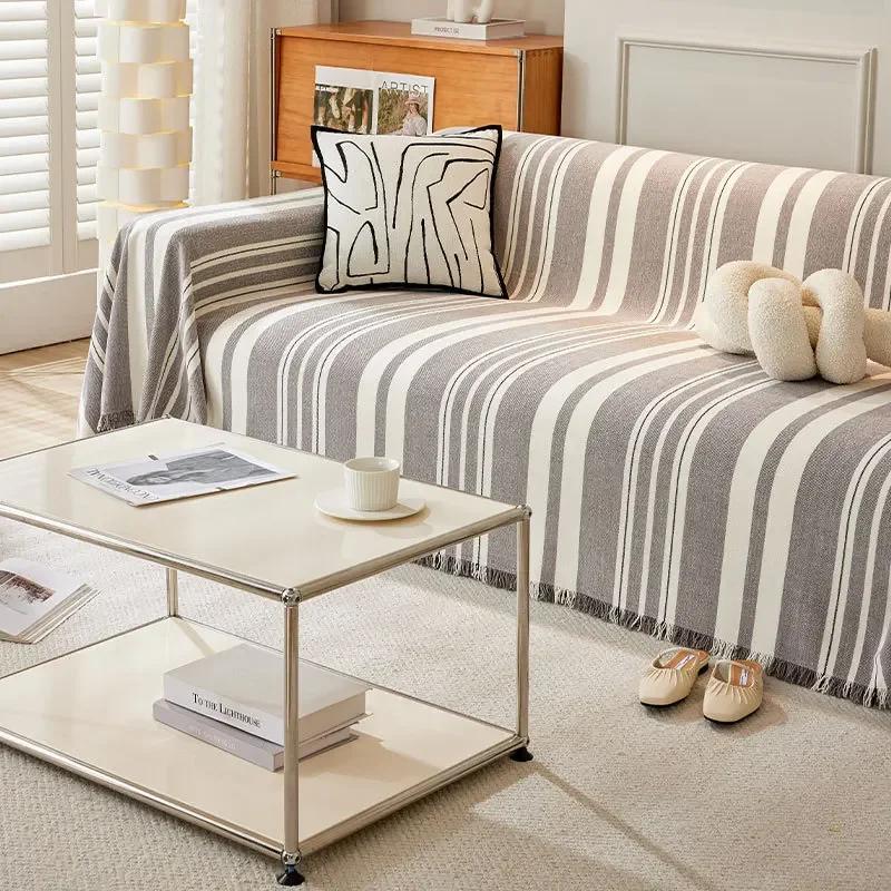 Cream Style Sofa Cover Cloth Towel with Chenille Stripes Universal Cover Non Slip Aviation Blanket Decoration Pad Soft Versatile