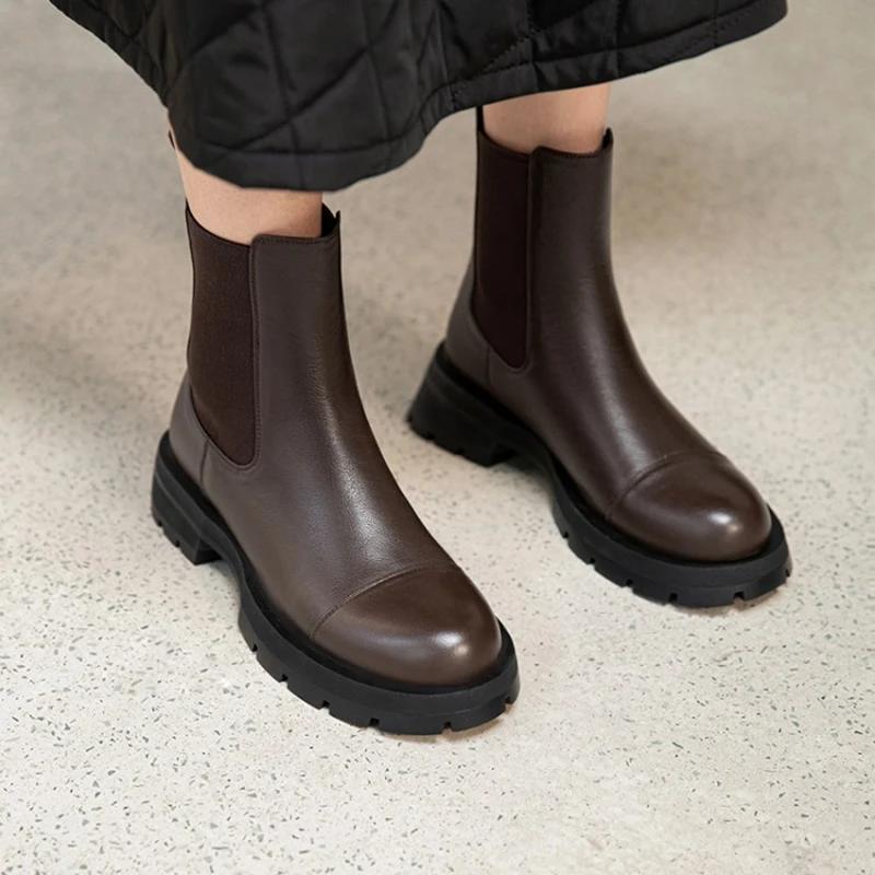 Fashion NEW Autumn Women Boots Genuine Leather Shoes for Women Round Toe Chunky Heel Shoes Slip-on Chelsea Boots Daily Shoes Ankle Boots