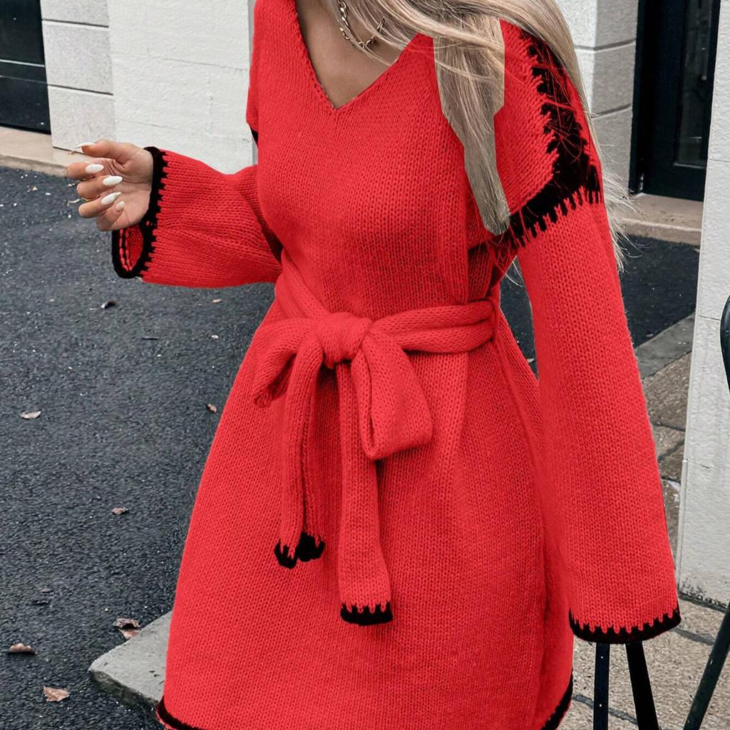 Women Slouchy Fashion Tie Waist Dress Loose Knit V-neck Long Sleeve Fall Mid-length Comfortable Breathable Dresses White Dress