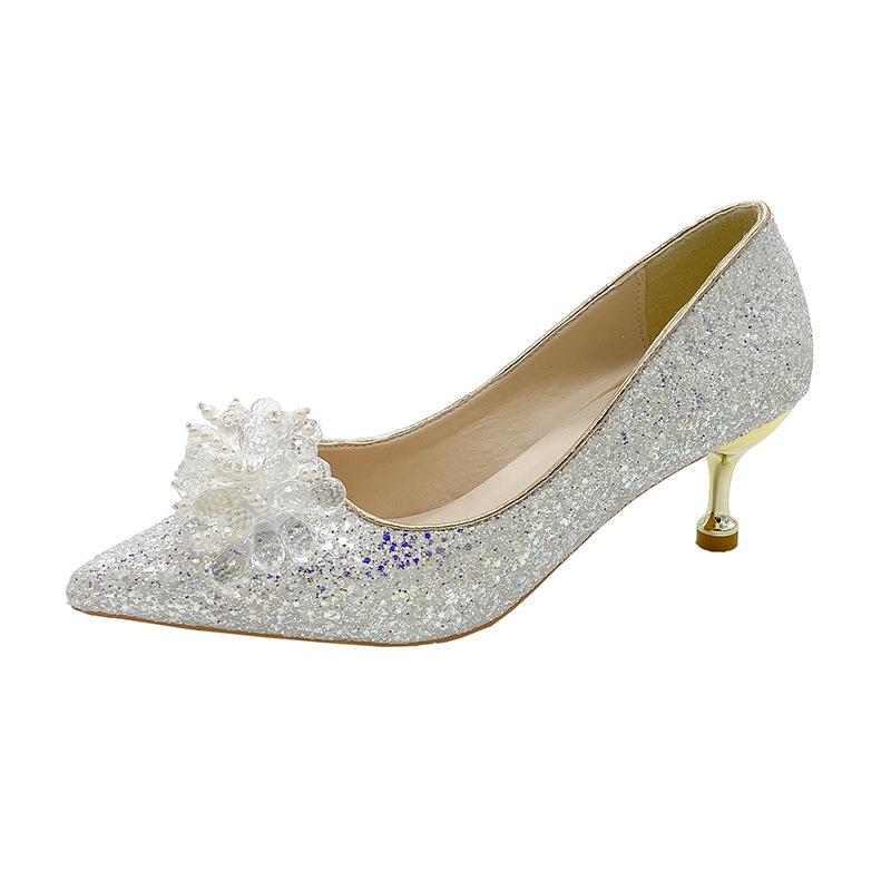 French Wedding Shoes Banquet Elegant High Heels New Temperament Sequined Crystal Shoes Pointed Head Shallow Mouth Stiletto Single Shoes