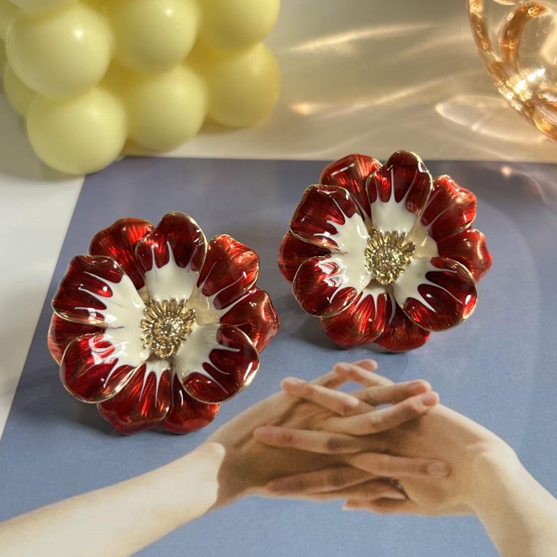 Vintage Gold Enamel Flower Ear Clips - No Piercing Needed