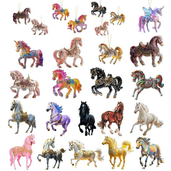 Yousheng Horse Christmas Ornaments Glitter Rhinestone Horse Christmas Tree Hanging Ornament 2D Flat Acrylic Car Rear View Mirror Charm for Holiday
