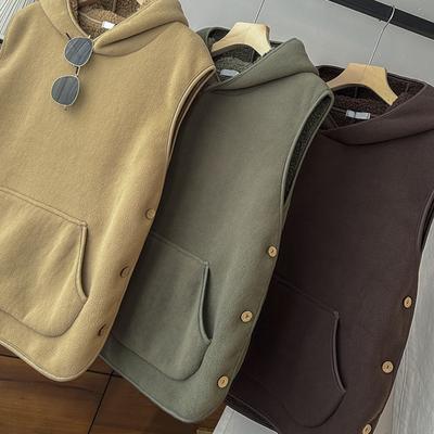 Women Fall Winter Vest with Hooded Side Button Closure Fleece Thermal Isolation