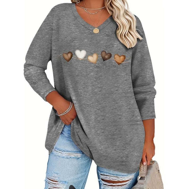 Spring And Summer Plus Size Women'S Fashion Pattern Easy Heart Print Casual V-Neck Long-Sleeved T-Shirt