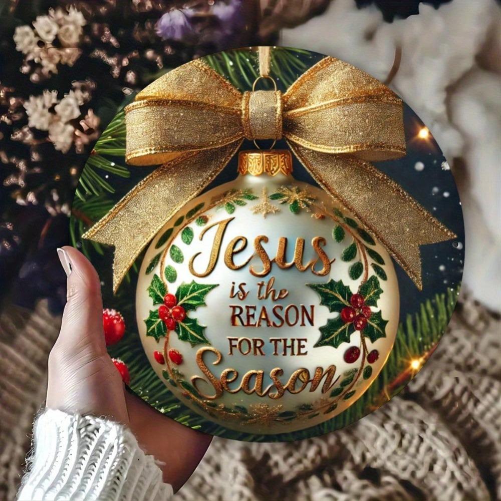 Christmas Metal Tin Sign Jesus Is The Reason For The Season Round Wall Art Holiday Decor With Wreath 8x8 Inch Gift