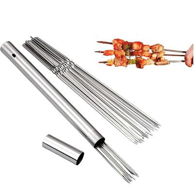 40 Stück 304 Edelstahl 34,3 cm lange flache Grillspieße, BBQ-Kebabspieße mit Metall-Aufbewahrungsrohr, Wiederverwendbar zum Grillen