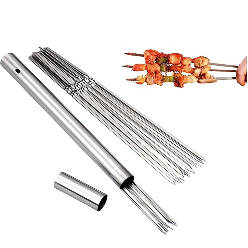40 UNIDADES de Acero Inoxidable 304, 34.3 cm de Largo, Brochetas Planas para Barbacoa, Brochetas para Kebabs BBQ con Tubo de Almacenamiento Metálico, Reutilizables para Asar