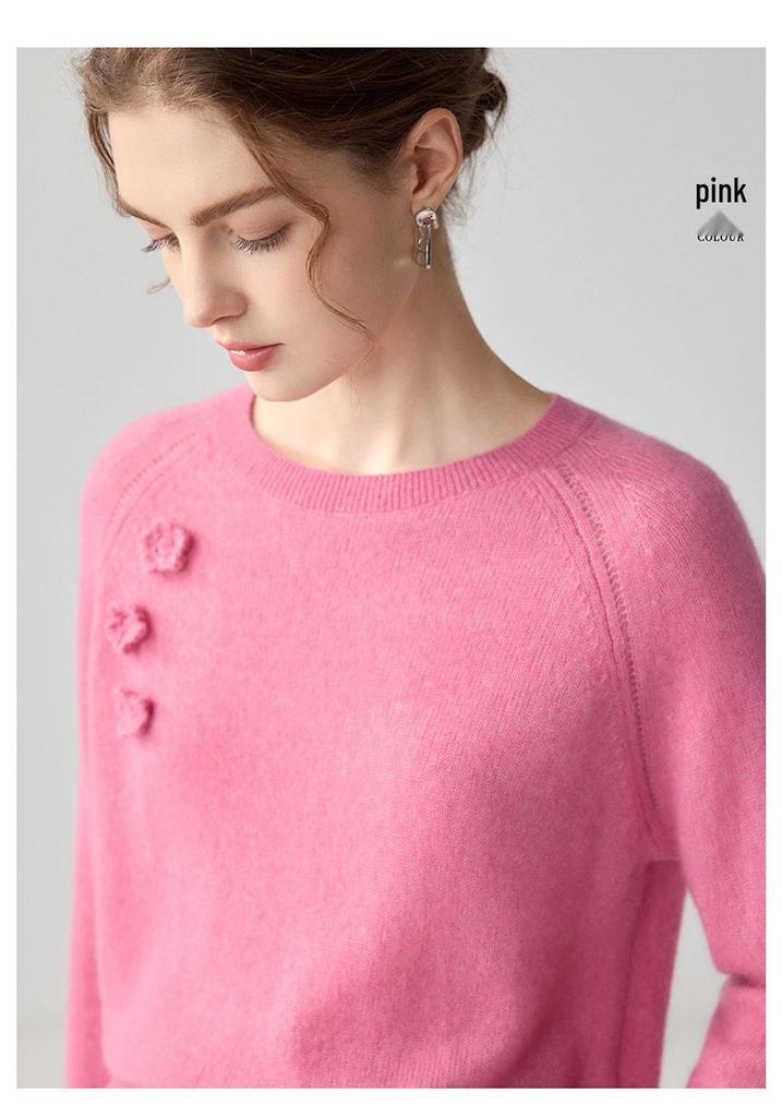 Lekasha 3D Crochet Cashmere Round Neck Long Sleeve Women's Loose Sweater
