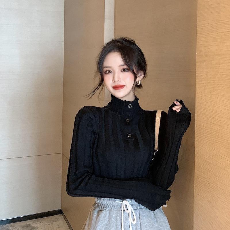 Simple semi-turtleneck pullover, long-sleeved autumn and winter warm knitted sweater, bottom elastic top, slim women's outer sweater