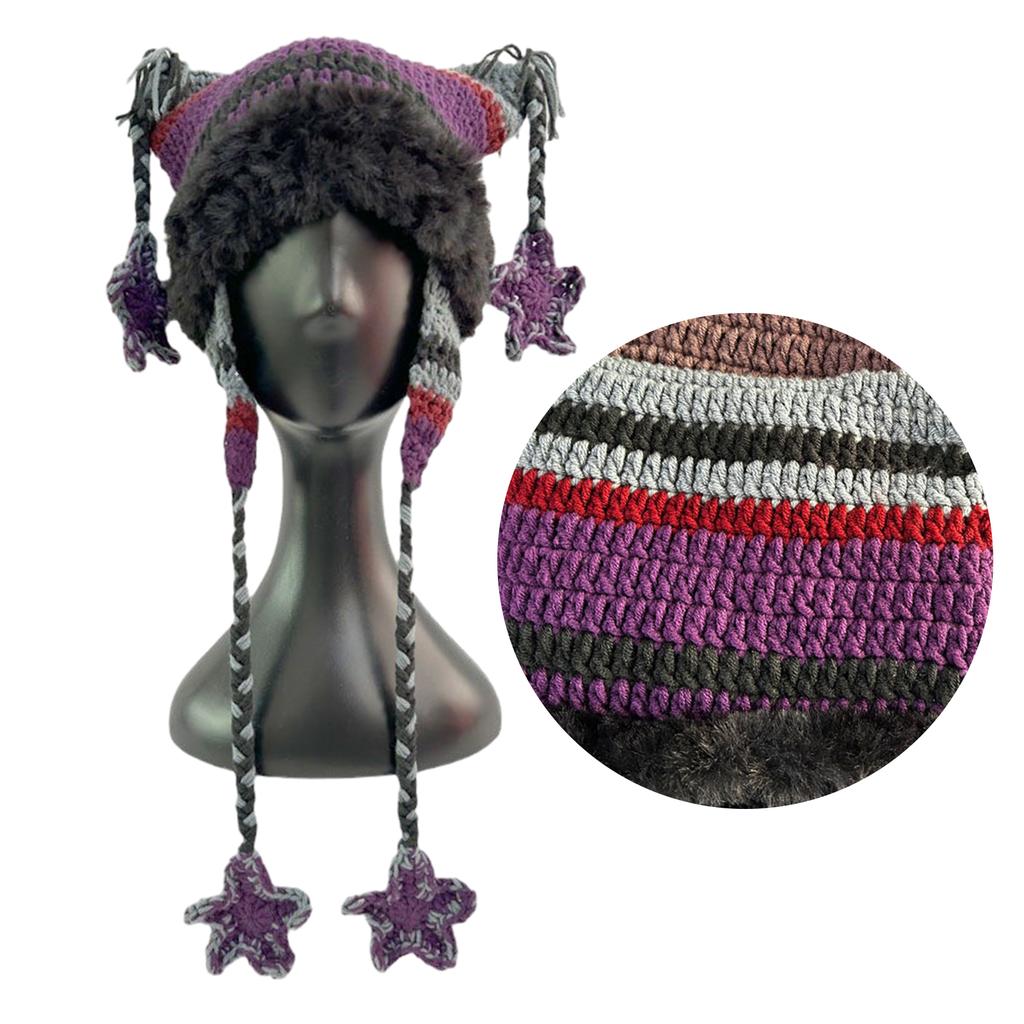 Winter Cat Ear Furry Bucket Hat Knitted Warm Hat for Womens Streetwear Fisherman Hats Cartoon Star Caps